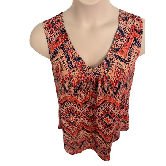 Ofeefan Sleevless Print Tank Size XL Orange Pleated V Neck NWT Stretchy - Picture 8 of 9